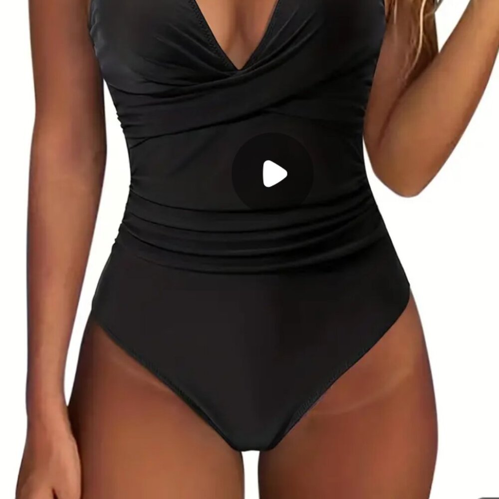 Women's V Neck Halter Tie Neck One Piece Backless Bathing Suit Size XL Black